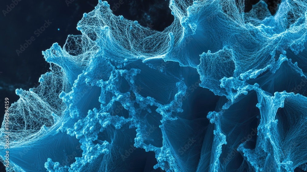 Poster a close-up, fluorescent view of blue asbestos fibers under an electron microscope, revealing their c