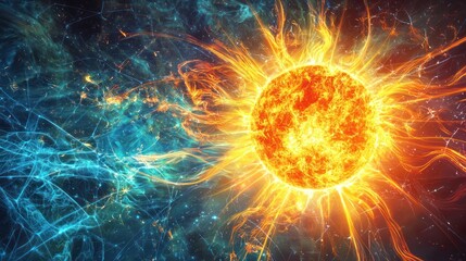 An artistic representation of the sun with rays illuminating solar energy concepts, capturing the essence of sustainability