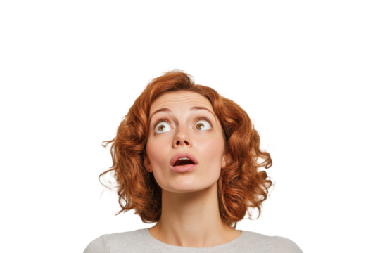 Idea brainstorming concept featuring a thoughtful woman isolated on transparent background