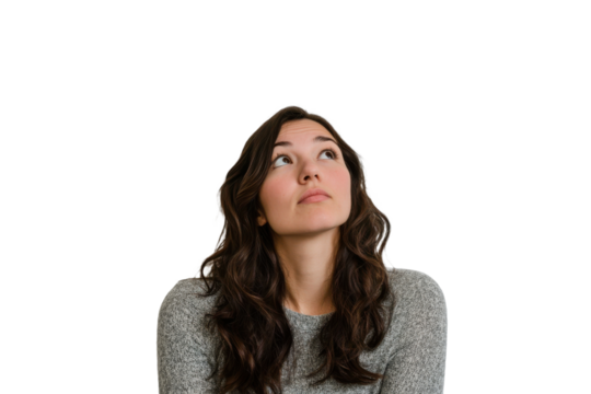 Idea brainstorming concept featuring a thoughtful woman isolated on transparent background