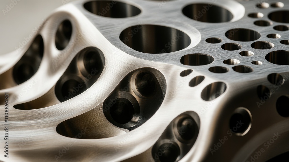 Poster a close-up of a highly polished, machined metal part with intricate holes and curves, resting on a n