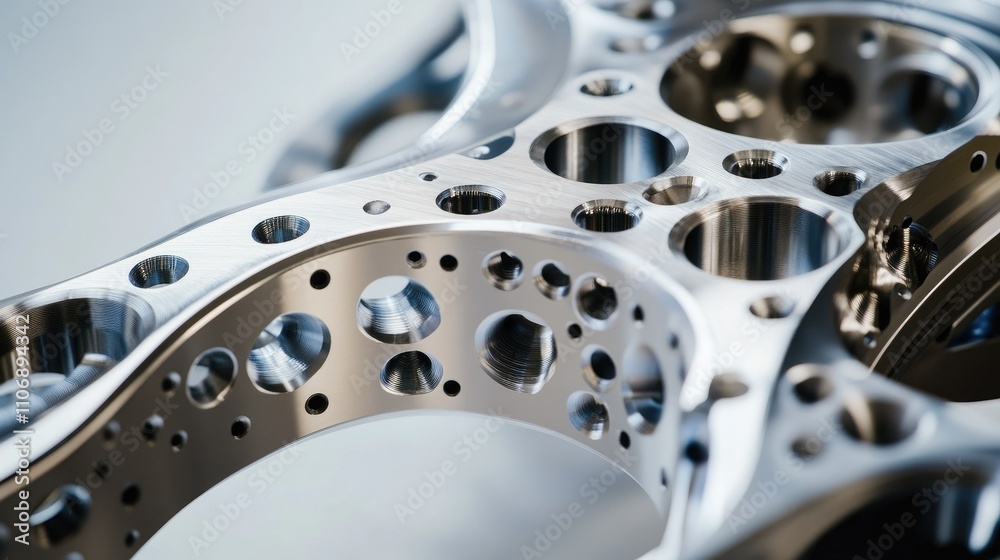 Poster a close-up of a highly polished, machined metal part with intricate holes and curves, resting on a n