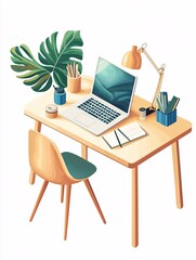 Modern home office setup featuring a laptop, ergonomic chair, plant, and stationery, encapsulating the essence of remote work against a white backdrop.