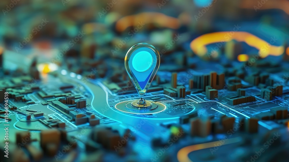 Aufkleber A conceptual 3D GPS map with a blue location pin and interactive search bar elements, illustrating modern travel navigation and tech-driven destinations