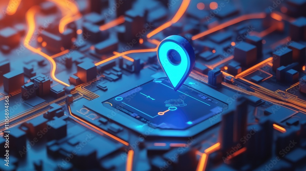 Poster a conceptual 3d gps map with a blue location pin and interactive search bar elements, illustrating m