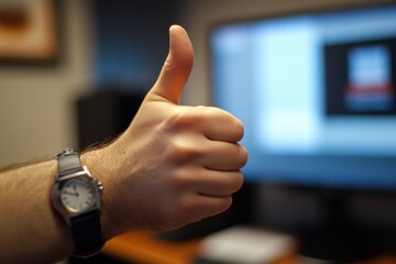 A close-up of a hand giving a thumbs-up in a professional office setting
