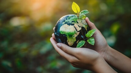 Hands gently holding a small globe with a sprout.