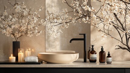 An elegant bathroom counter with a chic design, featuring candles and stylish decor for a relaxing vibe