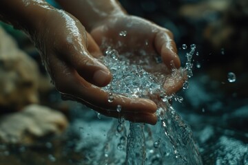 Fototapeta premium A close-up of small hands cupped under a metal faucet catching clear flowing water