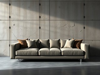 Sleek sofa placed in front of a textured concrete wall, neutral color scheme, modern living room
