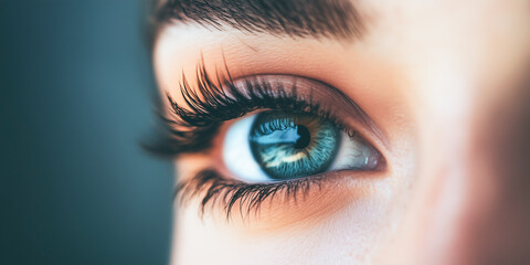 Obraz premium Close-up of blue eye with long lashes reflecting tranquil outdoors and vivid colors