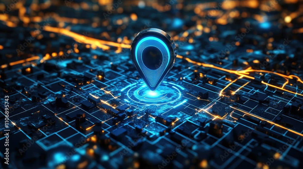 Aufkleber A high-tech 3D view of a blue location pin on a GPS map with route directions and an internet search bar for a futuristic travel concept
