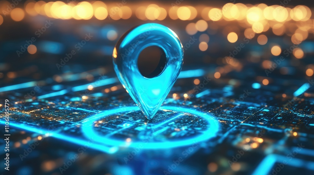 Poster A high-tech 3D view of a blue location pin on a GPS map with route directions and an internet search bar for a futuristic travel concept