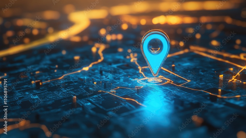 Poster A high-tech 3D view of a blue location pin on a GPS map with route directions and an internet search bar for a futuristic travel concept