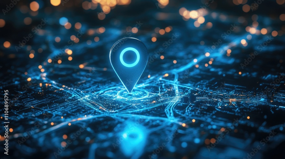 Aufkleber A high-tech 3D view of a blue location pin on a GPS map with route directions and an internet search bar for a futuristic travel concept