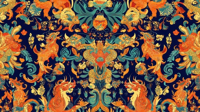 An intricate pattern design for Chinese New Year with repeating motifs of zodiac animals and auspicious symbols
