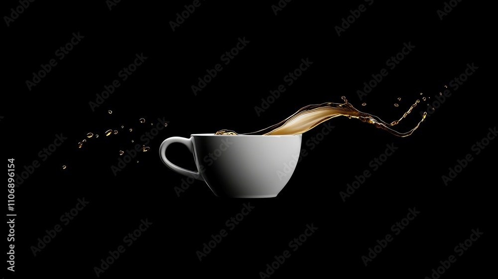 Poster A minimalist shot of coffee splashing from a white cup, emphasizing motion and simplicity against a contrasting dark background for a dramatic effect