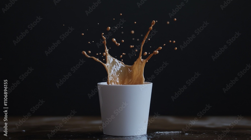 Poster A minimalist shot of coffee splashing from a white cup, emphasizing motion and simplicity against a contrasting dark background for a dramatic effect