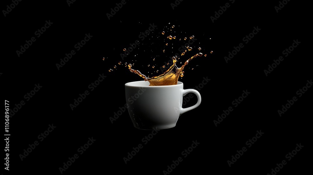 Poster A minimalist shot of coffee splashing from a white cup, emphasizing motion and simplicity against a contrasting dark background for a dramatic effect