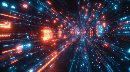 Naklejka premium Abstract digital tunnel with glowing lights and lines