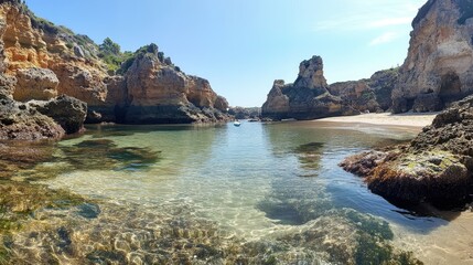 Fototapeta premium A picturesque view of Praia do Camilo beach with its unique rock formations and clear waters, a hidden gem on the Algarve coast in Portugal
