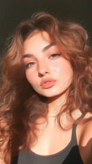Fototapeta premium Young woman with wavy hair in warm sunlight, exuding confidence against dark background