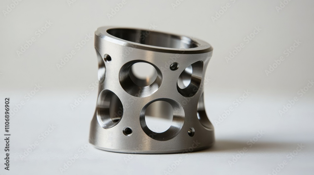 Poster a precision-machined metal part with intricate holes and smooth curves, showcasing its detailed indu