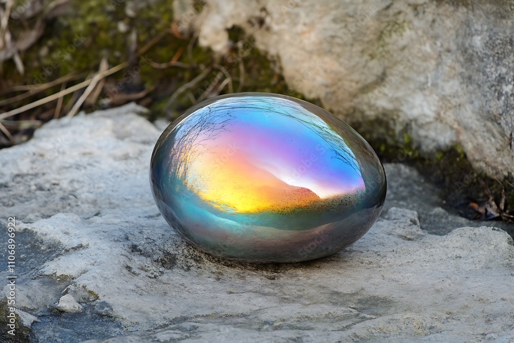 Poster Iridescent egg-shaped object reflecting sunset on rocks.
