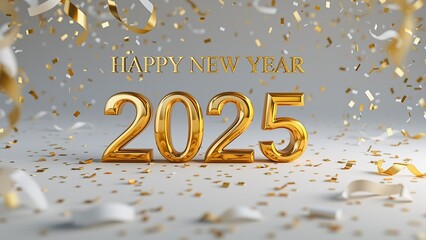 Celebrate 2025 Festive New Year's Eve Party Scene, A celebratory image of gold "2025" numerals surrounded by confetti and streamers against a light gray background. Text reads "HAPPY NEW YEAR.