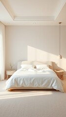 Fototapeta premium Soft, serene, calming colors on walls with plush carpet and a large, inviting bed, texture, interior design, cozy, home decor