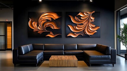 Modern Copper Leaf Wall Art in a Dark Contemporary Lounge AI Generated