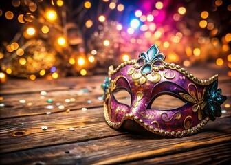 Elegant Venetian Carnival Mask with Shimmering Sequins Resting on a Rustic Wooden Desk, Perfect for Festive Celebrations and Artistic Displays