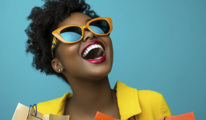 A joyful black woman wearing sunglasses and carrying shopping bags against a blue background enjoy new year sale