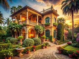 Obraz premium Elegant Vintage Style Photography of a Luxurious Villa Surrounded by Lush Gardens, Featuring Classic Architecture and Timeless Decor for a Dreamy Vacation Escape