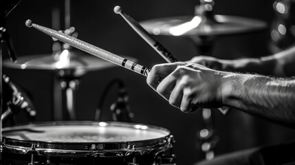 Close-up black and white shot of a drummer's hands holding drumsticks above a drum set, focused on a performance