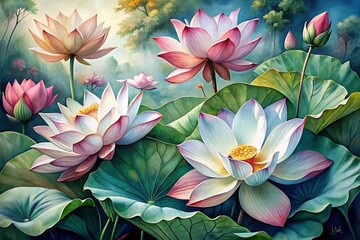 Elegant Watercolor Lotus Flowers in Bloom: Captivating Styles of Nature's Beauty Captured in Stunning Detail, Perfect for Fashion Photography and Artistic Inspiration
