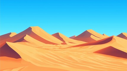 A vast desert view with smooth, rippling dunes under a bright blue sky. The simplicity and expanse emphasize the raw beauty of nature.