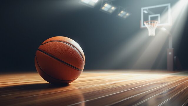 Spotlight on the Court, A single basketball rests center court illuminated by dramatic light. The background features a basketball hoop and net, creating a focus on the game's essential equipment.