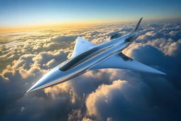 A sleek and futuristic spaceship soars above a layer of fluffy white clouds during a bright day