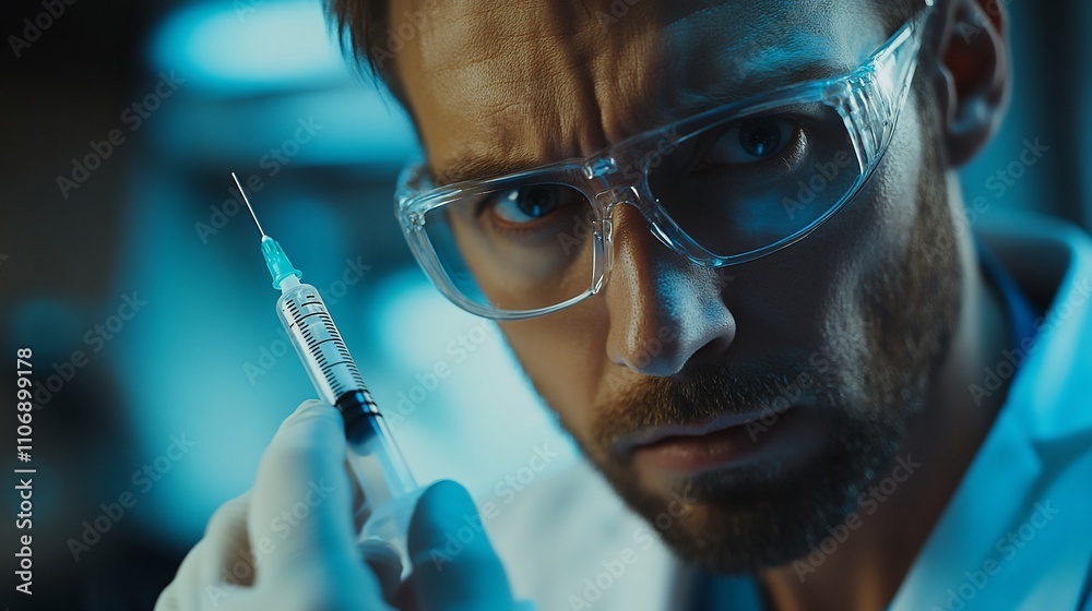 Poster a focused scientist holding a syringe, preparing for an injection.