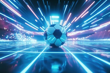 A soccer ball sits at the center of a glowing futuristic arena the floor features a sleek