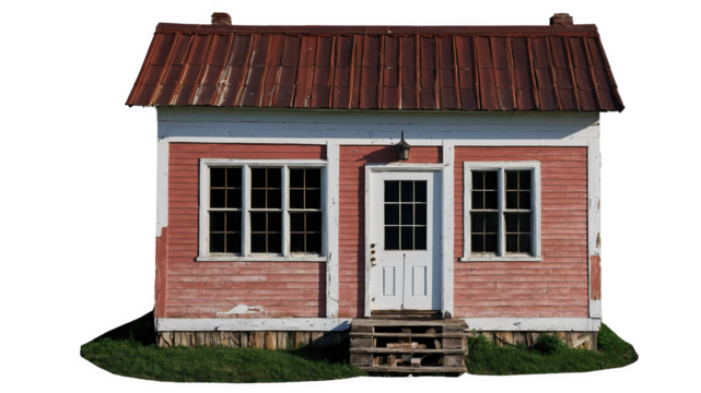 Small red wooden cottage with porch
