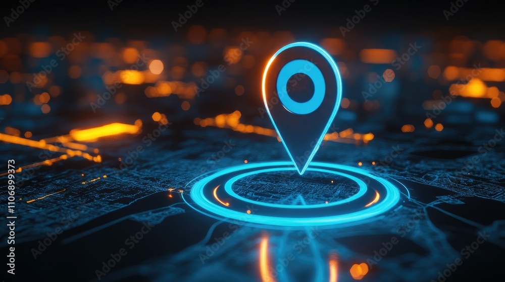 Poster a vibrant 3d blue location pin marking a place on a gps map, with an integrated search bar and route