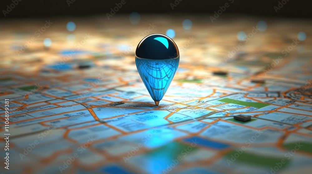 Poster a vibrant 3d blue location pin marking a place on a gps map, with an integrated search bar and route
