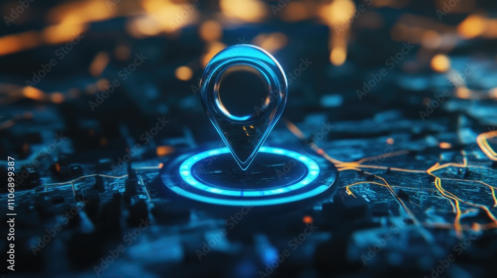 Poster a vibrant 3d blue location pin marking a place on a gps map, with an integrated search bar and route