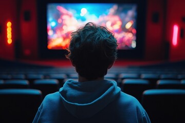 A view from behind of a person with slightly messy hair wearing a casual hoodie sitting in a movie theater