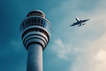 aviation design, new air traffic control tower at the airport against clear blue skies, with a plane taking off in the background