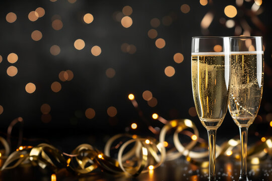 2 fl&ucirc;tes de champagne rubans dor&eacute;s et lumi&egrave;res bokeh, ambiance festive et &eacute;l&eacute;gante f&ecirc;tes de fin d'ann&eacute;e ou le r&eacute;veillon du nouvel an ou de No&euml;l ou anniversaire