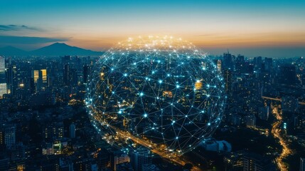 Fototapeta premium A Nighttime Cityscape with Abstract Connections Representing Network Infrastructure