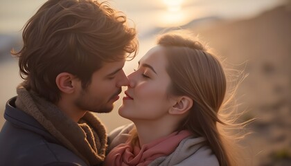 Fototapeta premium Romantic Couple Embracing in a Beautiful Outdoor Setting 